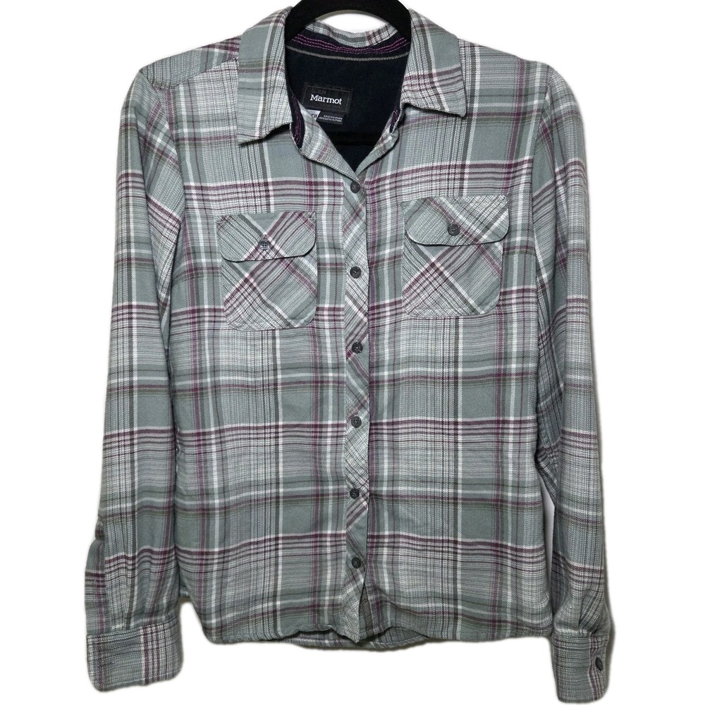 Marmot Womens Flannel Button Up Shirt Small Green Purple Plaid Hiking Outdoor
